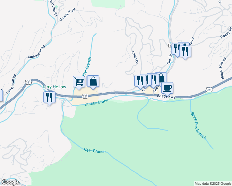 map of restaurants, bars, coffee shops, grocery stores, and more near Highway 321 in Gatlinburg