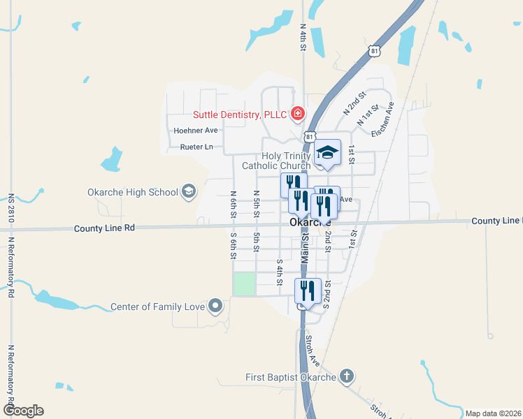 map of restaurants, bars, coffee shops, grocery stores, and more near 501 Kansas Avenue in Okarche