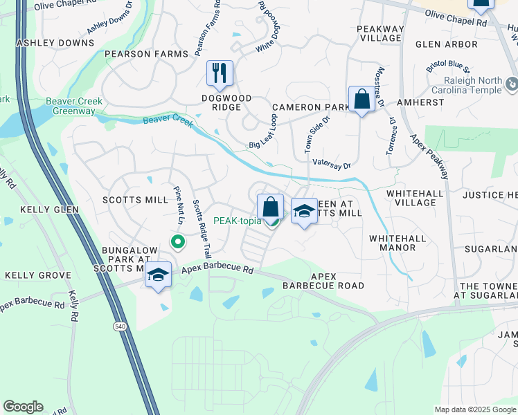 map of restaurants, bars, coffee shops, grocery stores, and more near 1391 Town Home Drive in Apex