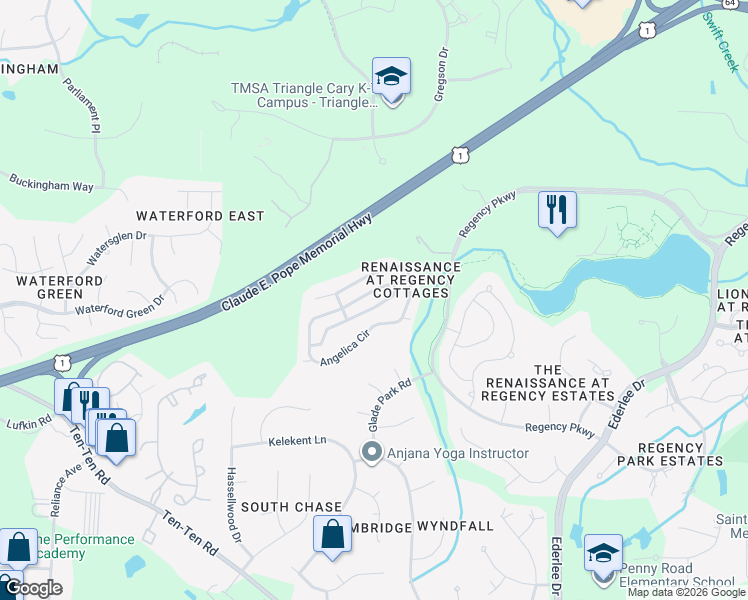 map of restaurants, bars, coffee shops, grocery stores, and more near 535 Angelica Circle in Cary