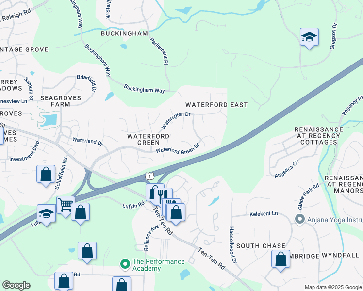 map of restaurants, bars, coffee shops, grocery stores, and more near 2310 Maplegreen Lane in Apex