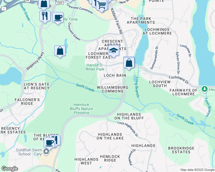 map of restaurants, bars, coffee shops, grocery stores, and more near 106 Quarter Path in Cary