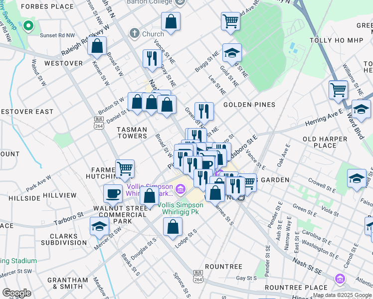 map of restaurants, bars, coffee shops, grocery stores, and more near 223 Nash Street North in Wilson