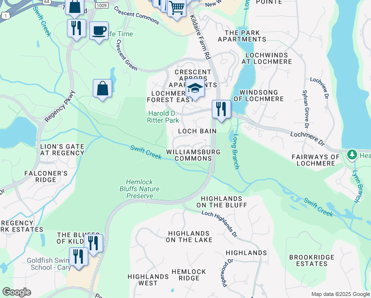 map of restaurants, bars, coffee shops, grocery stores, and more near 106 Quarter Path in Cary