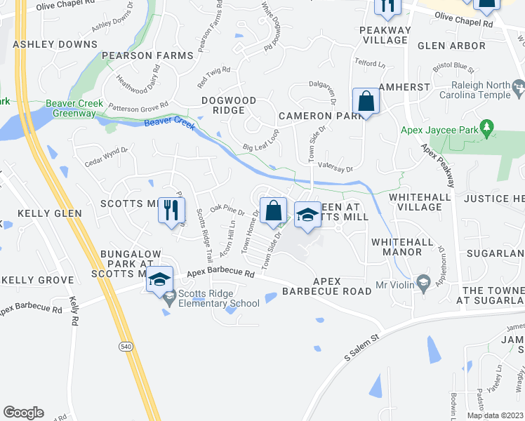 map of restaurants, bars, coffee shops, grocery stores, and more near 1387 Town Home Drive in Apex