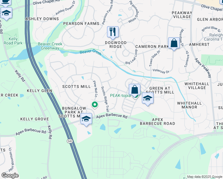 map of restaurants, bars, coffee shops, grocery stores, and more near 200 Oak Pine Drive in Apex