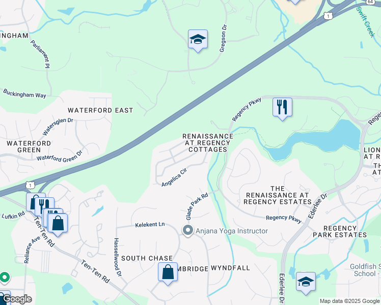 map of restaurants, bars, coffee shops, grocery stores, and more near 1322 English Cottage Lane in Cary