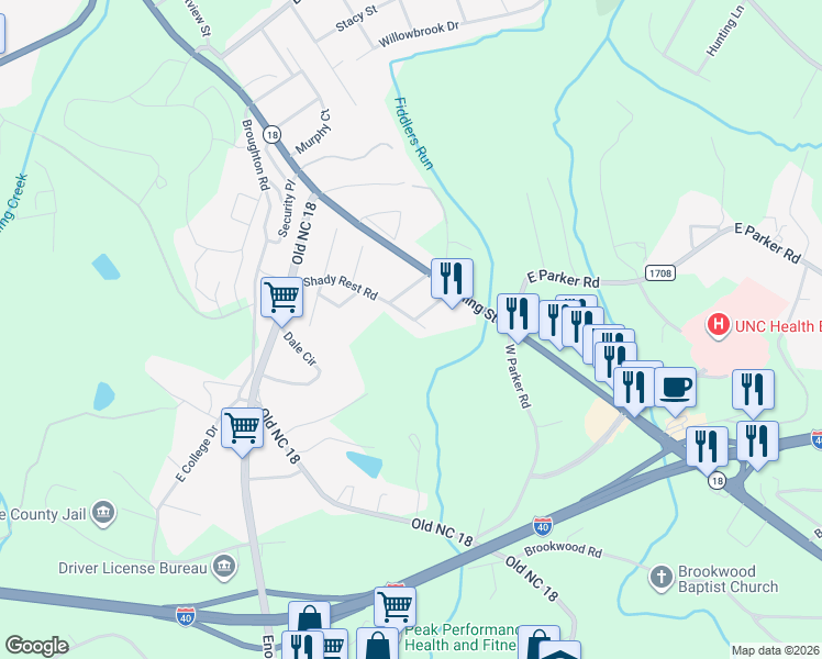 map of restaurants, bars, coffee shops, grocery stores, and more near 404 Shady Rest Road in Morganton