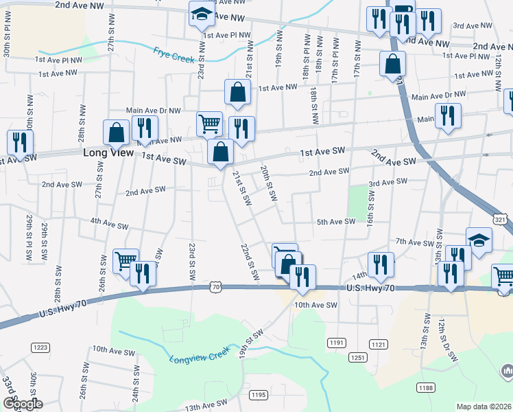 map of restaurants, bars, coffee shops, grocery stores, and more near 314 20th Street Southwest in Hickory