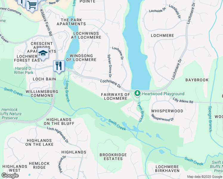 map of restaurants, bars, coffee shops, grocery stores, and more near 104 Cherry Hill Lane in Cary