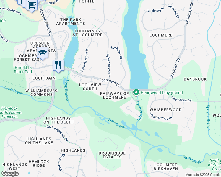 map of restaurants, bars, coffee shops, grocery stores, and more near 104 Cherry Hill Lane in Cary