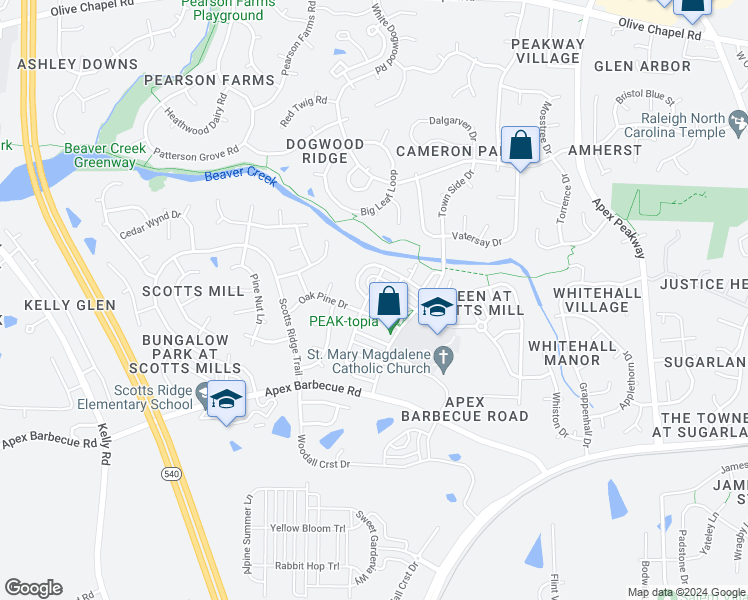 map of restaurants, bars, coffee shops, grocery stores, and more near 1383 Town Home Drive in Apex