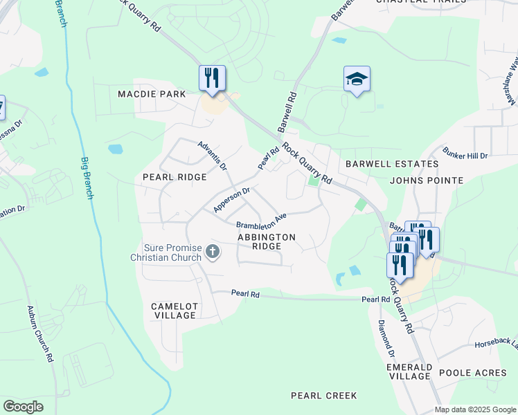map of restaurants, bars, coffee shops, grocery stores, and more near 5705 Weddington Road in Raleigh
