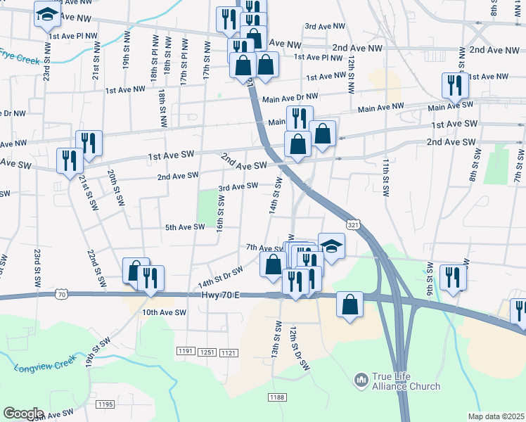 map of restaurants, bars, coffee shops, grocery stores, and more near 334 14th St SW in Hickory