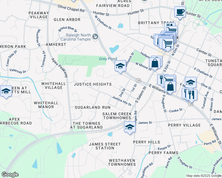 map of restaurants, bars, coffee shops, grocery stores, and more near 411 West Street in Apex