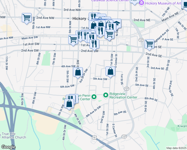 map of restaurants, bars, coffee shops, grocery stores, and more near 442 2nd Street Place Southwest in Hickory