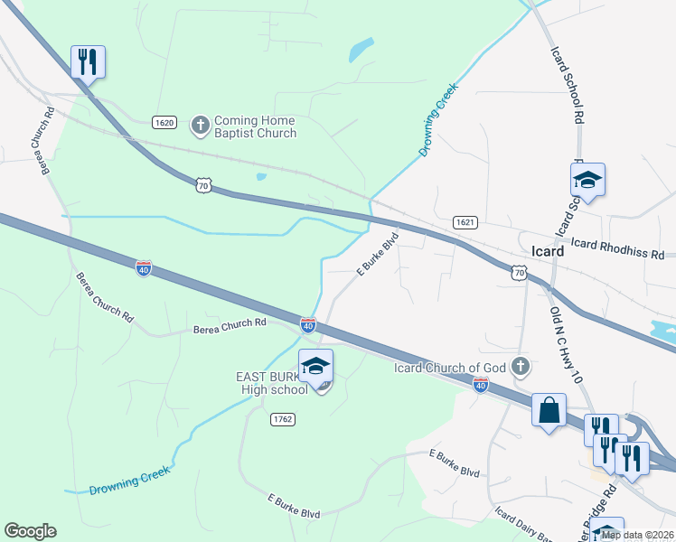 map of restaurants, bars, coffee shops, grocery stores, and more near 3184 East Burke Boulevard in Connelly Springs