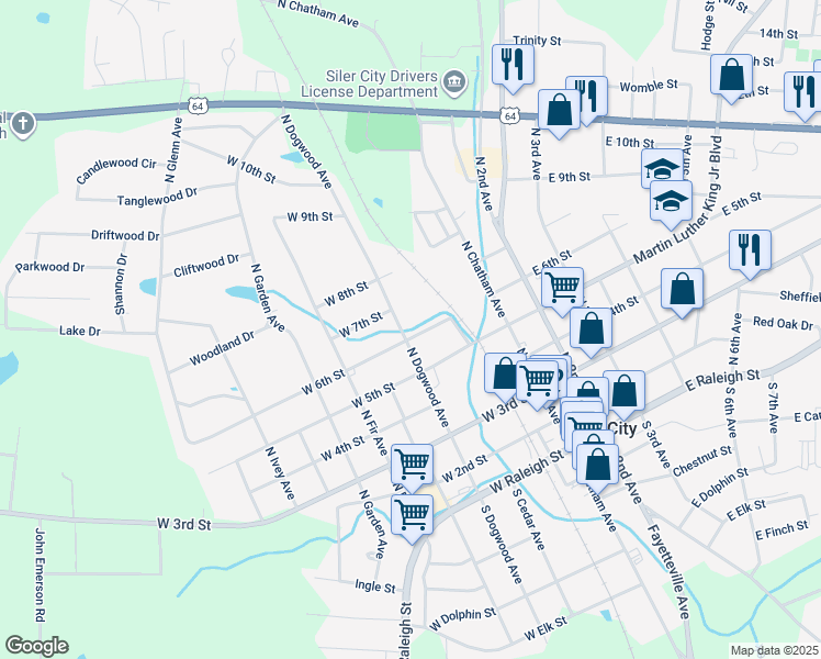 map of restaurants, bars, coffee shops, grocery stores, and more near 602 North Dogwood Avenue in Siler City