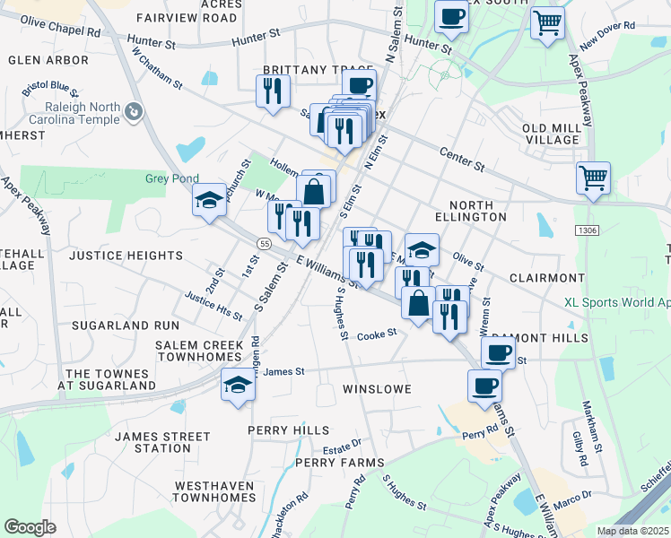 map of restaurants, bars, coffee shops, grocery stores, and more near Williams Grove Lane in Apex