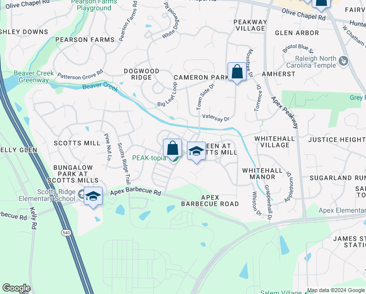 map of restaurants, bars, coffee shops, grocery stores, and more near 471 Village Commons Lane in Apex