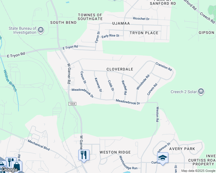 map of restaurants, bars, coffee shops, grocery stores, and more near 3826 Cobb Street in Garner