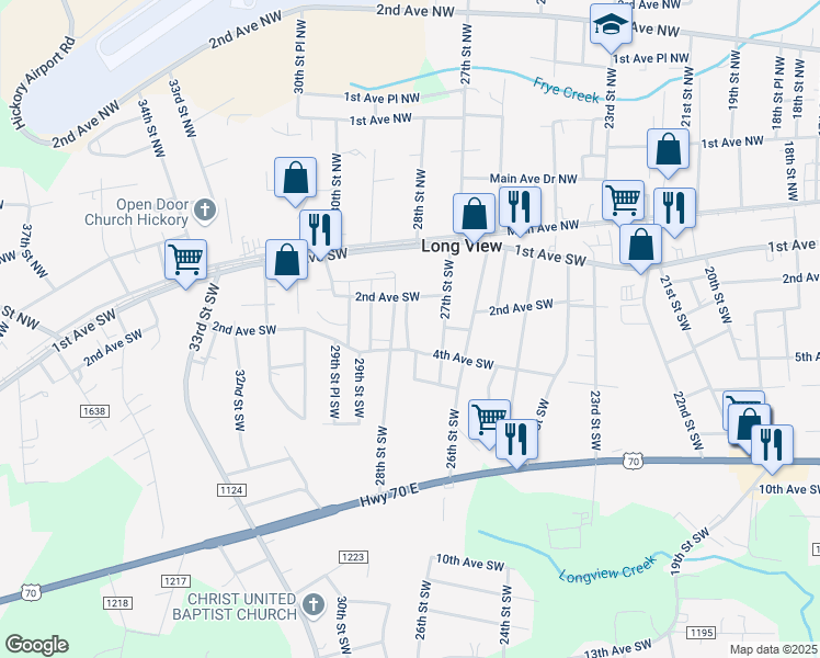 map of restaurants, bars, coffee shops, grocery stores, and more near 171 27th Street Place Southwest in Hickory