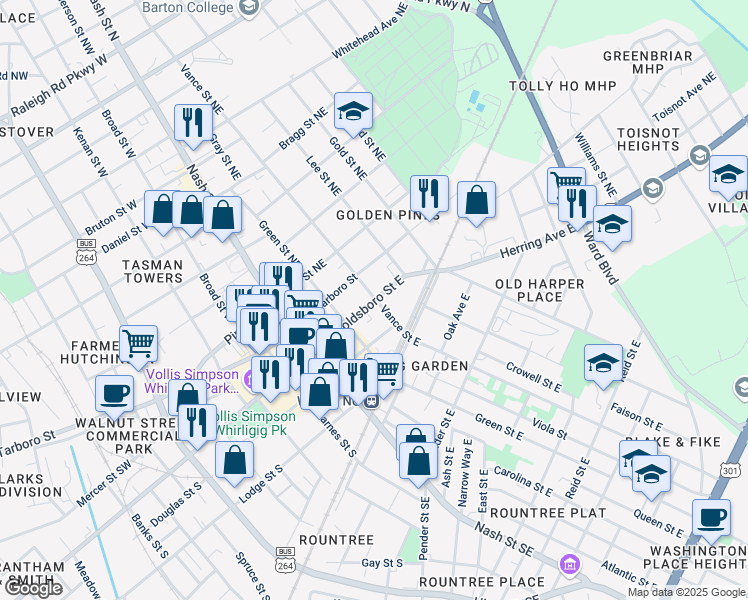 map of restaurants, bars, coffee shops, grocery stores, and more near 299 Goldsboro Street East in Wilson