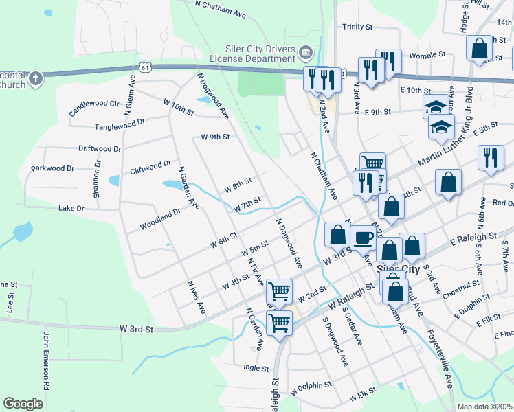 map of restaurants, bars, coffee shops, grocery stores, and more near 403 West 7th Street in Siler City