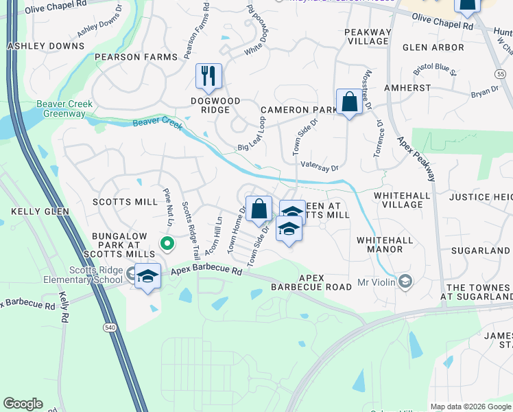 map of restaurants, bars, coffee shops, grocery stores, and more near 502 Village Loop Drive in Apex