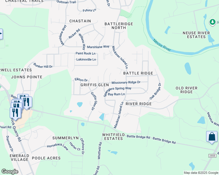 map of restaurants, bars, coffee shops, grocery stores, and more near 7009 Spanglers Spring Way in Raleigh