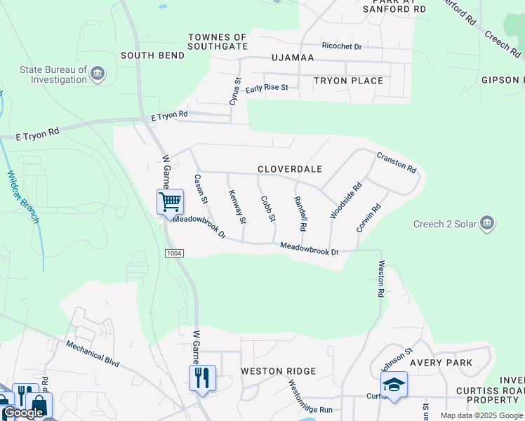 map of restaurants, bars, coffee shops, grocery stores, and more near 3826 Cobb Street in Garner