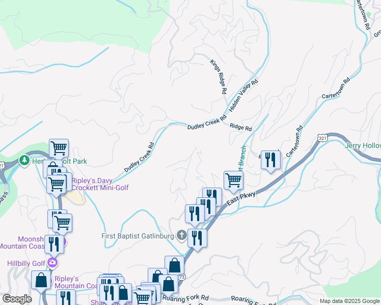 map of restaurants, bars, coffee shops, grocery stores, and more near 306 West Pinnacle Drive in Gatlinburg