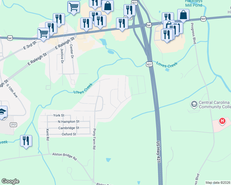 map of restaurants, bars, coffee shops, grocery stores, and more near 1301 Newland Street in Siler City