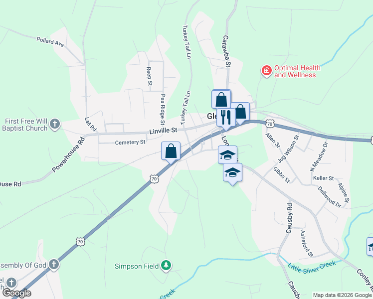 map of restaurants, bars, coffee shops, grocery stores, and more near 404 West Main Street in Morganton