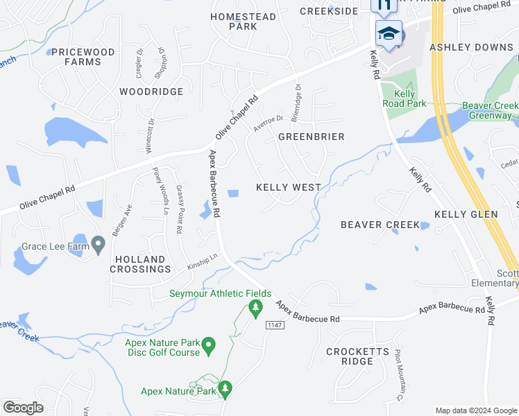 map of restaurants, bars, coffee shops, grocery stores, and more near 106 Kelly Point Court in Apex