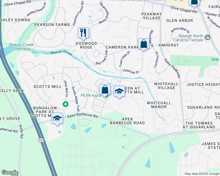 map of restaurants, bars, coffee shops, grocery stores, and more near 465 Village Commons Lane in Apex