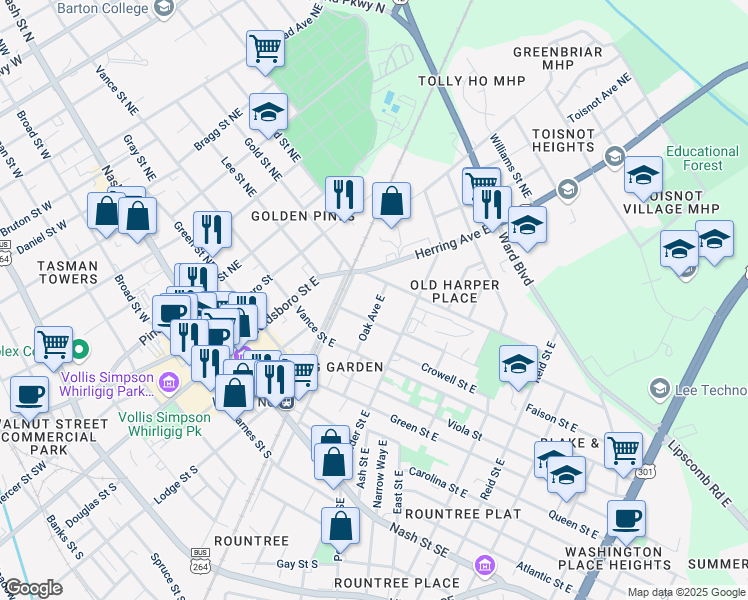 map of restaurants, bars, coffee shops, grocery stores, and more near 507 Oak Avenue East in Wilson