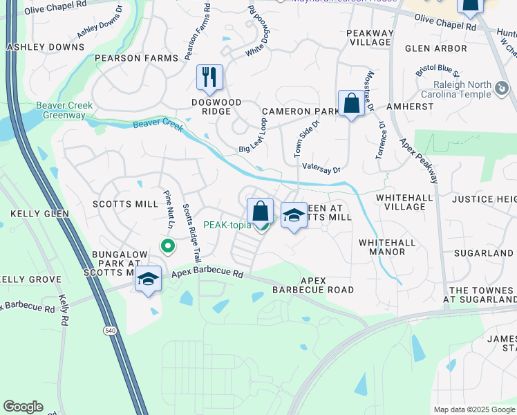 map of restaurants, bars, coffee shops, grocery stores, and more near 1404 Providence Green Lane in Apex