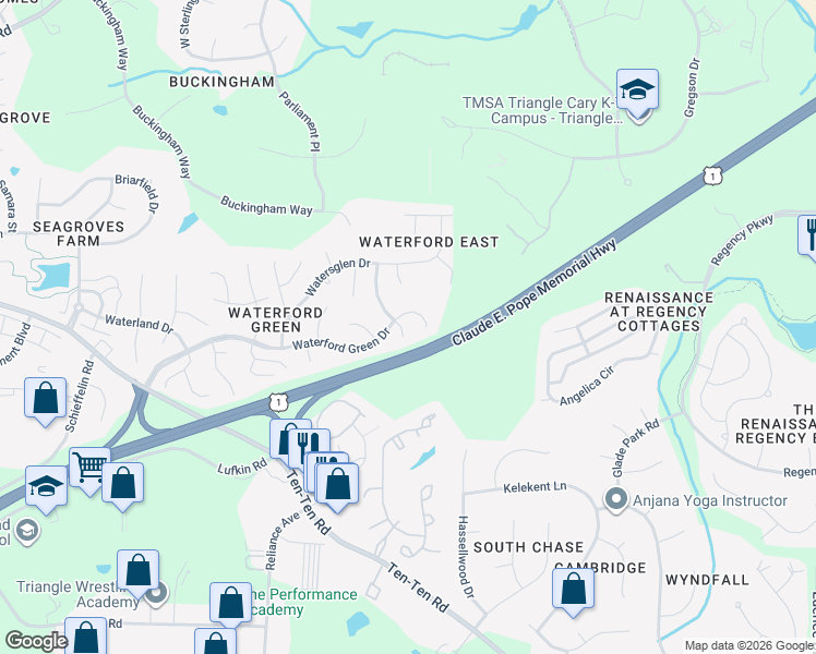 map of restaurants, bars, coffee shops, grocery stores, and more near 2305 Fordcrest Drive in Apex