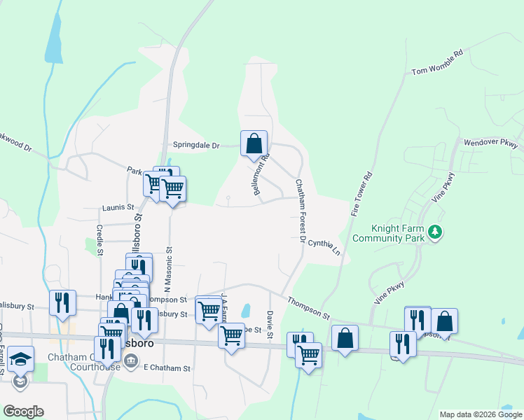 map of restaurants, bars, coffee shops, grocery stores, and more near 95 Chatham Mill Road in Pittsboro