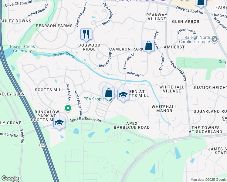 map of restaurants, bars, coffee shops, grocery stores, and more near 463 Village Commons Lane in Apex