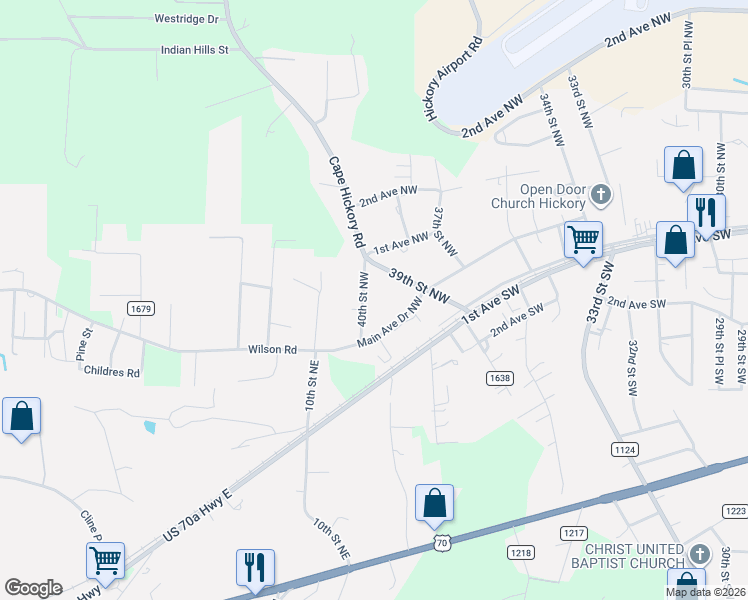 map of restaurants, bars, coffee shops, grocery stores, and more near 82 40th Street Northwest in Hickory