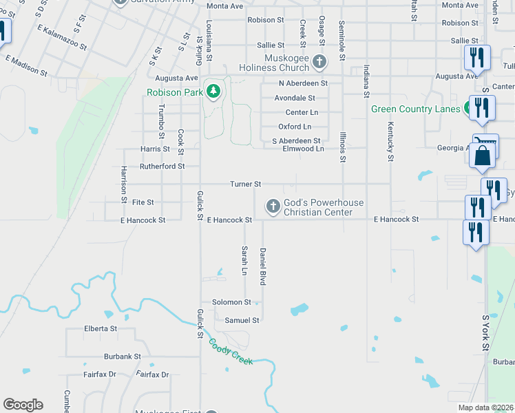 map of restaurants, bars, coffee shops, grocery stores, and more near 1320 Jennings Street in Muskogee