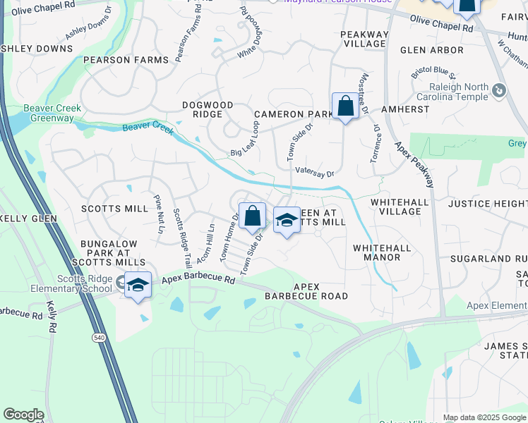 map of restaurants, bars, coffee shops, grocery stores, and more near 463 Village Commons Lane in Apex