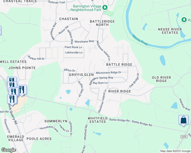 map of restaurants, bars, coffee shops, grocery stores, and more near 7013 Spanglers Spring Way in Raleigh