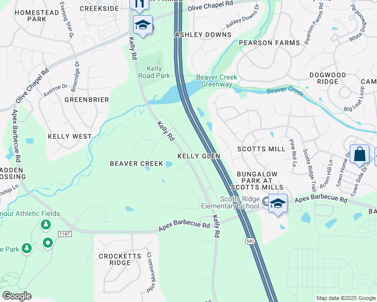 map of restaurants, bars, coffee shops, grocery stores, and more near 1819 Kelly Glen Drive in Apex