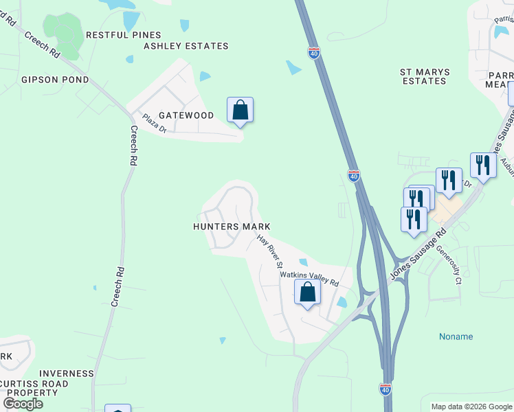 map of restaurants, bars, coffee shops, grocery stores, and more near 661 Hay River Street in Garner