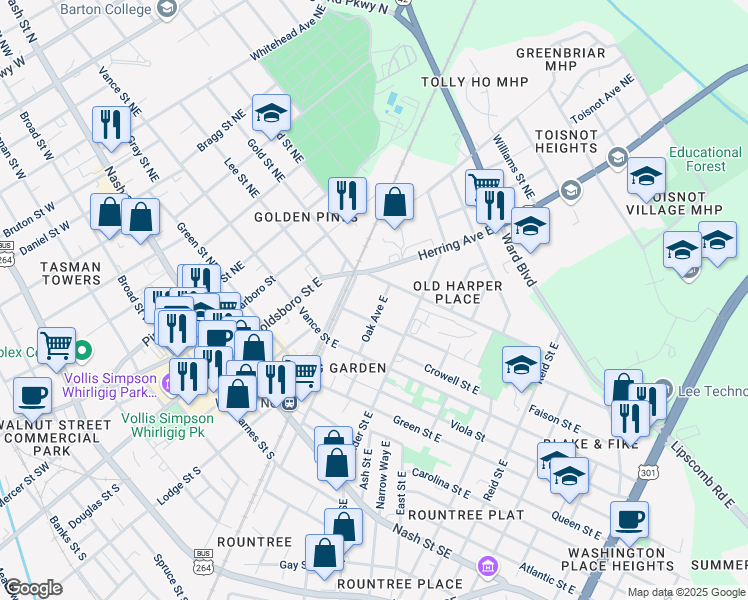 map of restaurants, bars, coffee shops, grocery stores, and more near 507 Oak Avenue East in Wilson