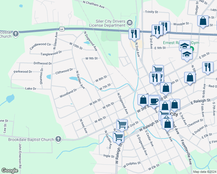 map of restaurants, bars, coffee shops, grocery stores, and more near 403 West 7th Street in Siler City