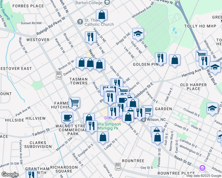 map of restaurants, bars, coffee shops, grocery stores, and more near 223 Nash Street North in Wilson